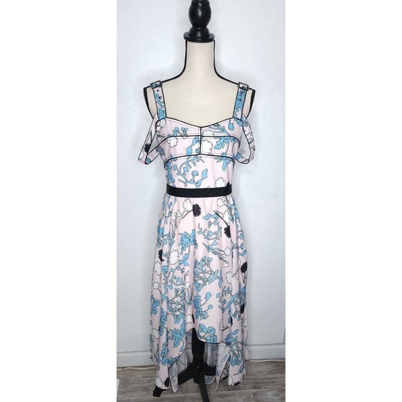 $405 Self Portrait Asymmetric Pink Floral Print Midi A Line Dress Size 10 NWT - Picture 5 of 16